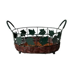 Green & Brown Leaf Metal Design Metal Woven Wicker Basket